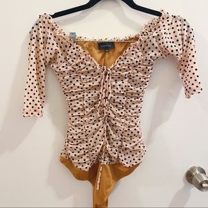 EUC ruched off the shoulder mesh bodysuit